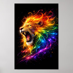Poster Leão Arco-íris Rugindo – Arte de Vida Selvagem Neo