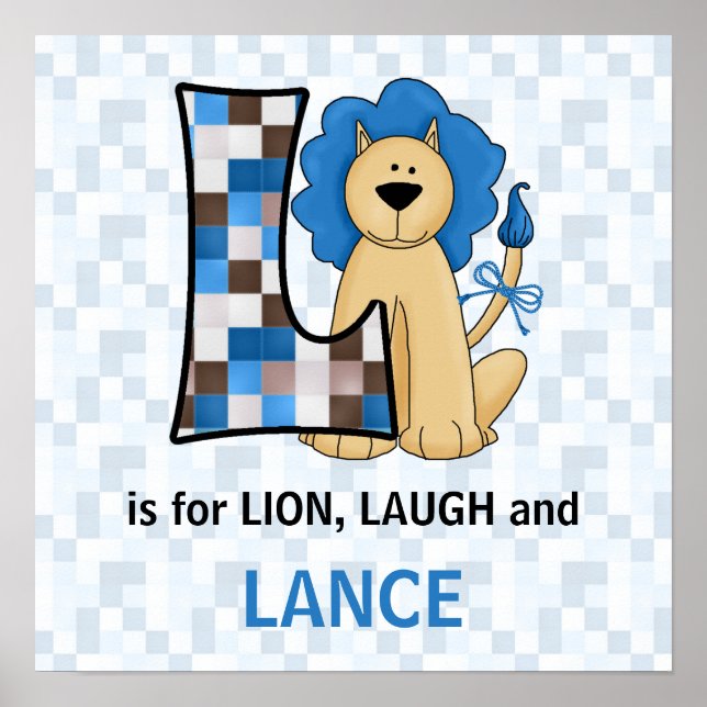 Póster Leão Azul Monograma - Letra L Sala de Bebê (Frente)