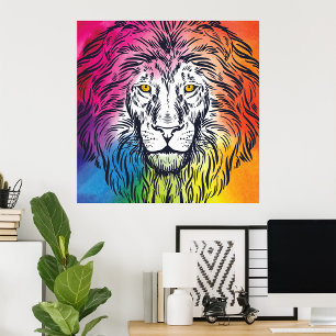 Poster Leão Cabeça Arco-íris Colorido Bold Vida Selvagem