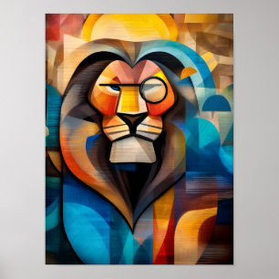 Poster Leão charmoso - Rei Cubista com um Monóculo
