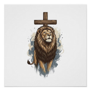 Póster Leão Cristão e Cruz Vintage