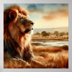 Poster Leão de Aquarela na Savana