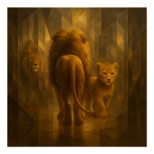 Póster Leão e Filhote em um Labirinto de Espelho Dourado