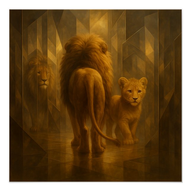 Póster Leão e Filhote em um Labirinto de Espelho Dourado  (Frente)