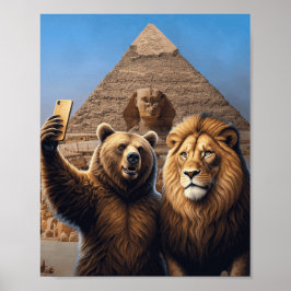 Poster Leão Engraçado Criativo e Selfie de Urso