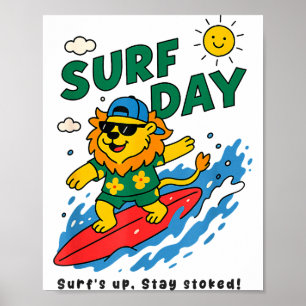 Poster Leão engraçado surfando férias de verão dia de sur
