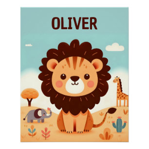 Póster Leão Kawaii Fofo com Amigos da Savana