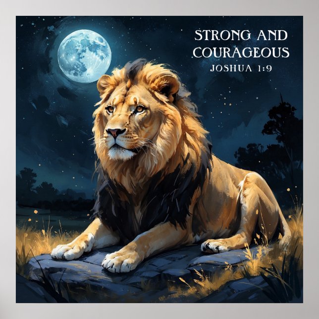 Poster Leão Majestoso à Noite com Estrelas e Lua Fé (Frente)
