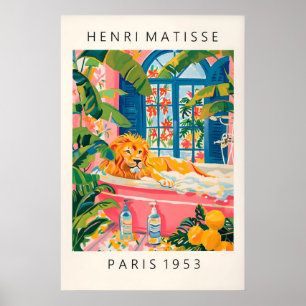 Poster Leão na Banheira Arte Impressa Estilo Matisse Rosa