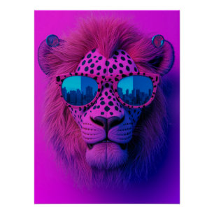 Póster Leão Neon Pop Art Usando Óculos de Sol Azuis