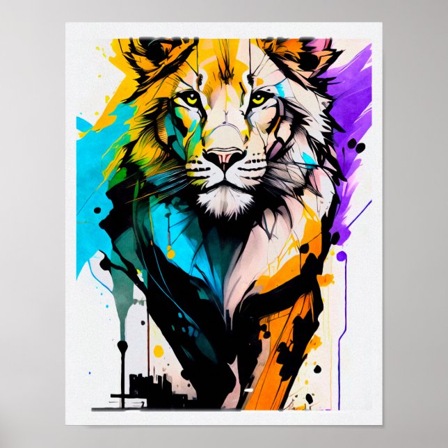 Poster Leão preto roxo azul formas linhas pinturas respin (Frente)