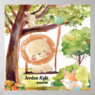 Poster Leão, Raposa, Coelho e Pássaros Balançando