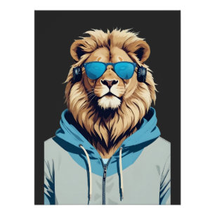 Póster Leão Vestindo Hoodie Engraçado Caráter Legal do An