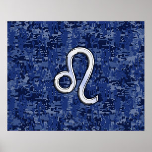 Póster Leão Zodiac - Sinal de Camuflagem Digital Azul