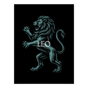 Póster Leão Zodíaco – Leão Vintage em Azul Turquesa sobre