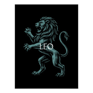 Póster Leão Zodíaco – Leão Vintage em Azul Turquesa sobre