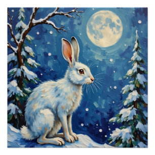Póster Lebre Ártica Vintage na Luz da Lua de Natal