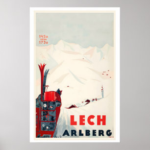 Poster Lech am Arlberg Áustria Cartaz de Esqui Vintage