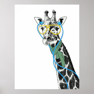 Póster Legal girafa engraçada com óculos, fones de ouvi
