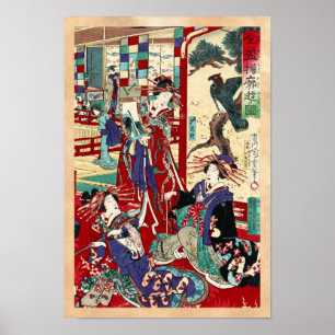 Póster Legal japanês vintage ukiyo-e trio geisha scroll
