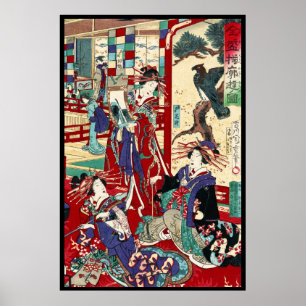 Poster Legal japanês vintage ukiyo-e trio geisha scroll