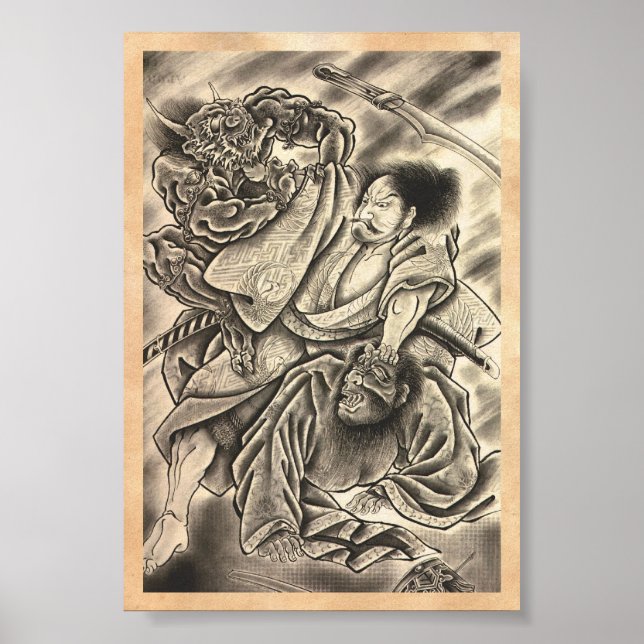 Poster Legal vintage japanês samurai demon briga tatuagem (Frente)