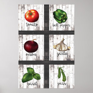 Póster Legumes e Ervas Arte Rústica Moderna para Parede d