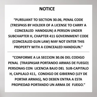 Póster Lei de Arma do Texas - Branco Básico - Carregar oc