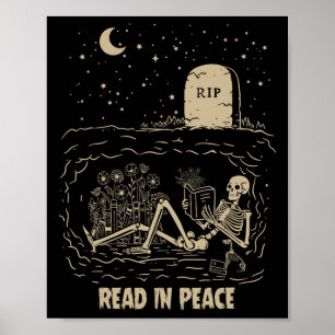 Poster Leia Em Paz Skeleton Lendo Livros Engraçado Hallow