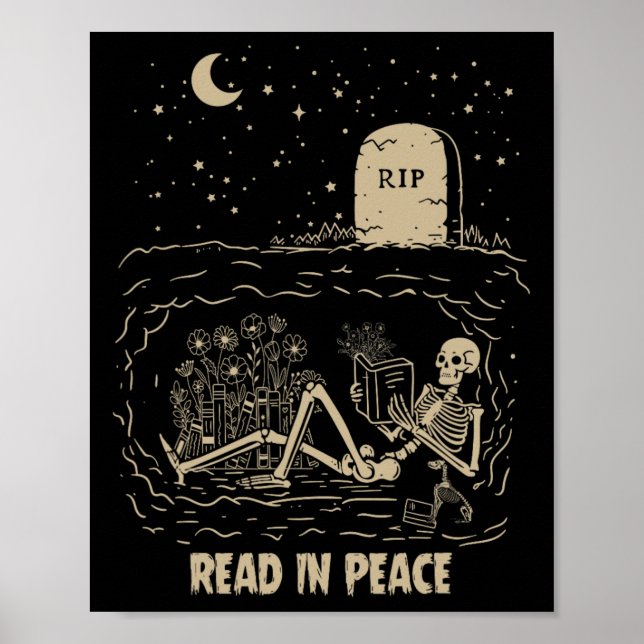 Poster Leia Em Paz Skeleton Lendo Livros Engraçado Hallow (Frente)