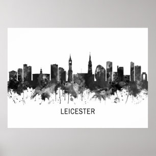 Poster Leicester England Skyline BW