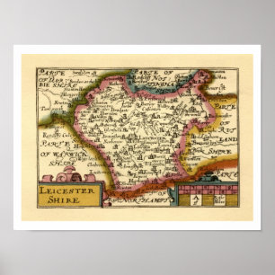 Poster Leicestershire County England Antigo Mapa Antiquár