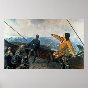 Póster Leif Eriksson observa a terra em América, 1893