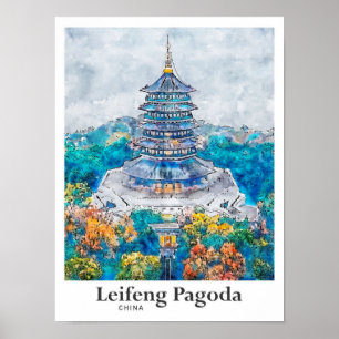 Poster Leifeng Pagoda China Viagem Watercolor Desenhado
