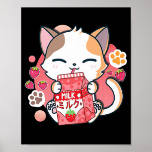 Poster Leite de Morango Gato Kawaii Anime Neko Gift Girls