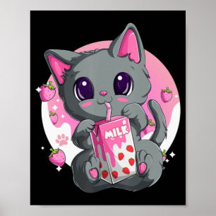 Poster Leite De Morango Para Mulheres Meninas Kawaii Gato