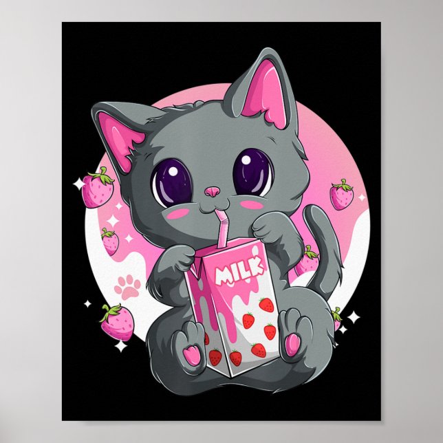 Poster Leite De Morango Para Mulheres Meninas Kawaii Gato (Frente)