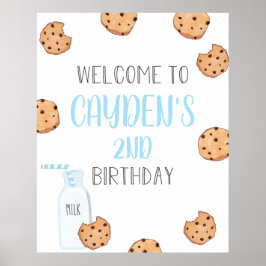 Poster Leite e Biscoitos Azul Aniversário Bem-vindo