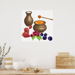 Poster Leite e Mel com Frutas Silvestres Comida Rústica