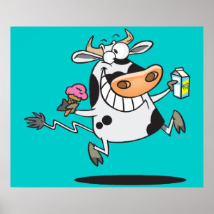 Póster leite sorvete de animação de vaca leiteira doce 