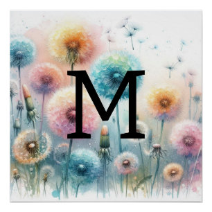 Póster Leitões azuis cor-de-água floral monogramas cor-de