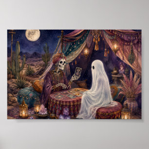 Poster Leitor de Tarot Esqueleto Gótico Arte Fantasma Whi