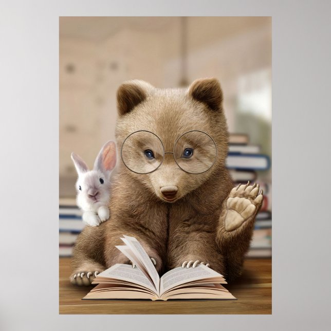 Poster Leitor De Urso De Presente E Coelho Lê Livros (Frente)