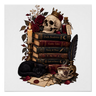 Póster Leitor Gótico Adorador de Livros Literários Caveir