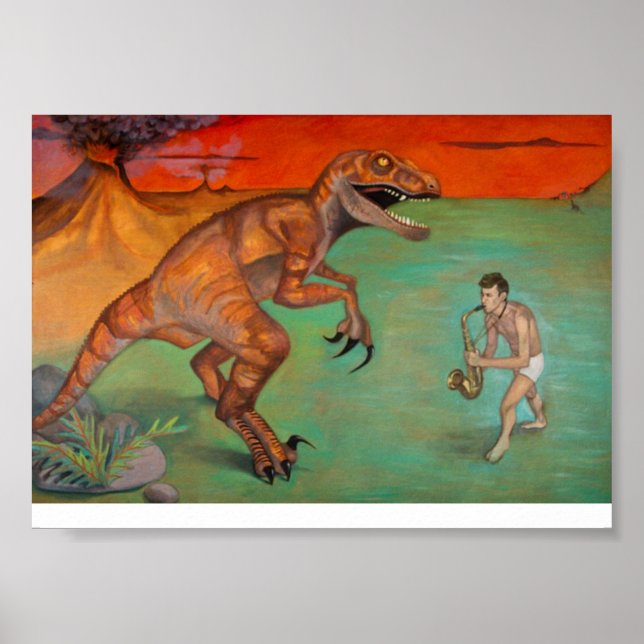 Póster Leitor saxofone "Raptor vs Sax" com dinossauro (Frente)