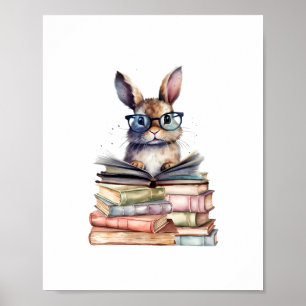 Poster Leitura Bonita De Coelho Com Óculos Livros Vermelh