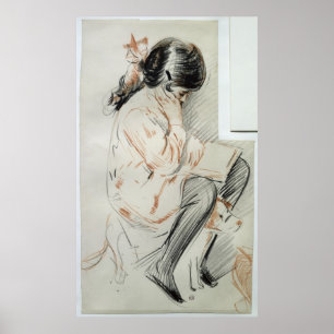 Poster Leitura de Paulette que senta-se em seu cão de
