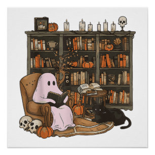 Póster Leitura Fantasma Livro Amante de Gatos Halloween