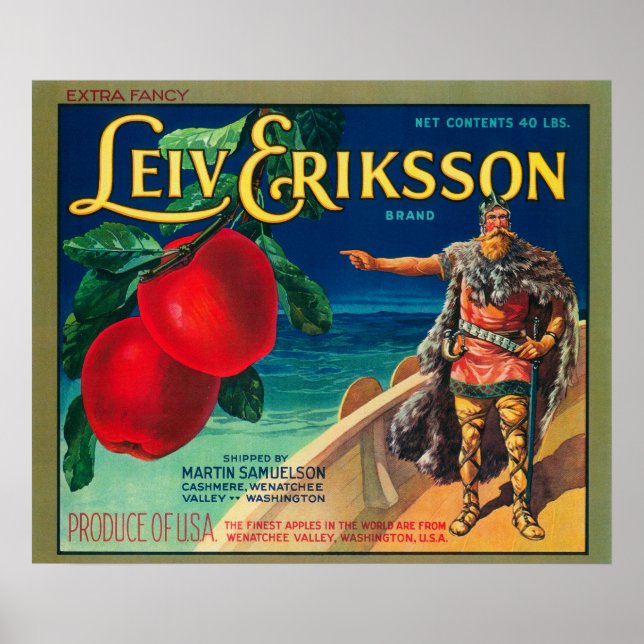 Poster Leiv Eriksson Apple Label - Cashmere, WA (Frente)