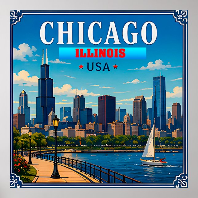 Poster 🌆 Lembrança de Férias do Horizonte de Chicago Ill (Frente)